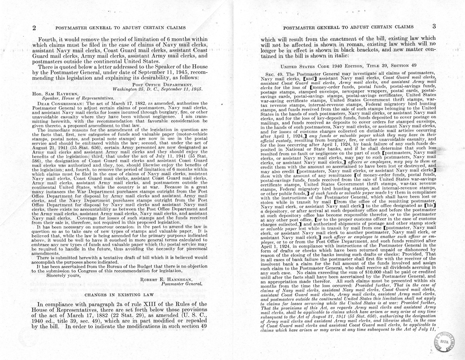 Memorandum from Paul H. Appleby to M. C. Latta, H.R. 4127, To Amend An Act Authorizing the Postmaster General to Adjust Certain Claims of Postmasters for Loss by Burglary, Fire, or Other Unavoidable Casualty, Approved March 17, 1882, with Attachments