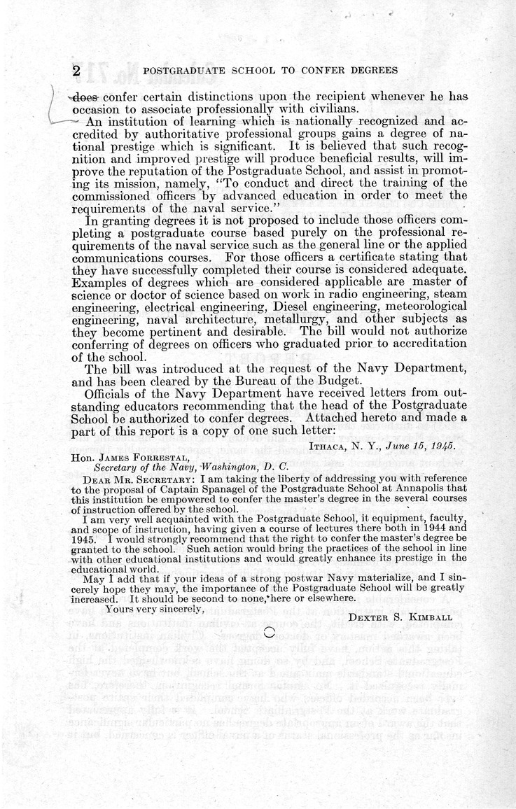 Memorandum from Paul H. Appleby to M. C. Latta, S. 1493, To Authorize the Head of the Postgraduate School of the United States Navy to Confer Masters and Doctors Degrees in Engineering and Related Fields, with Attachments