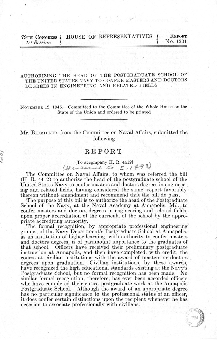Memorandum from Paul H. Appleby to M. C. Latta, S. 1493, To Authorize the Head of the Postgraduate School of the United States Navy to Confer Masters and Doctors Degrees in Engineering and Related Fields, with Attachments