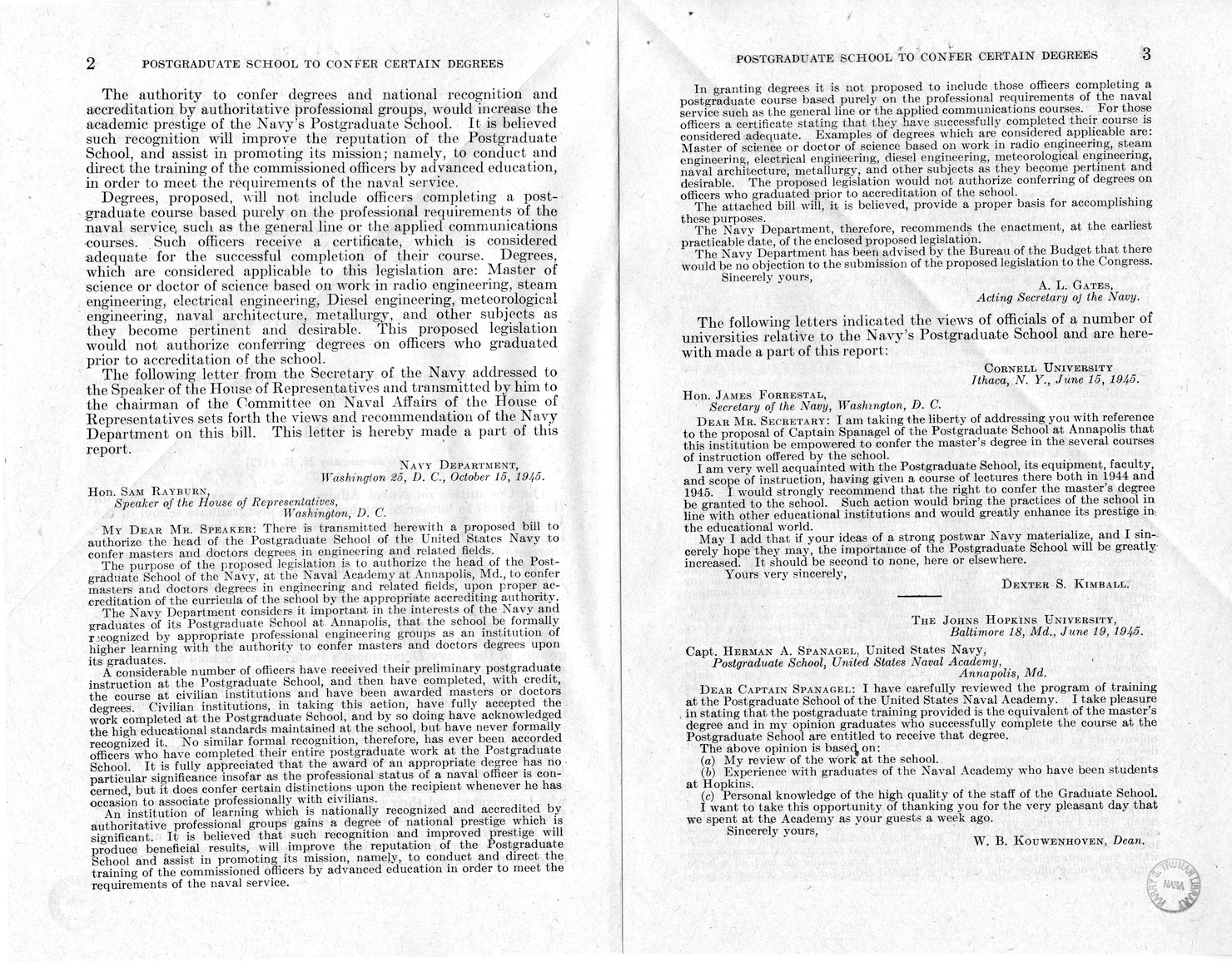 Memorandum from Paul H. Appleby to M. C. Latta, S. 1493, To Authorize the Head of the Postgraduate School of the United States Navy to Confer Masters and Doctors Degrees in Engineering and Related Fields, with Attachments