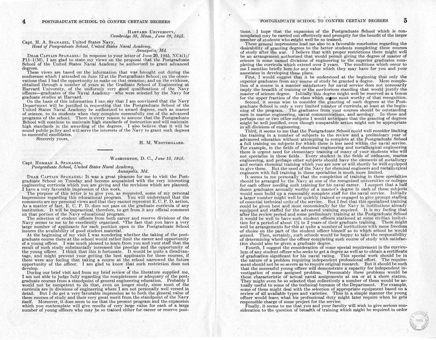 Memorandum from Paul H. Appleby to M. C. Latta, S. 1493, To Authorize the Head of the Postgraduate School of the United States Navy to Confer Masters and Doctors Degrees in Engineering and Related Fields, with Attachments