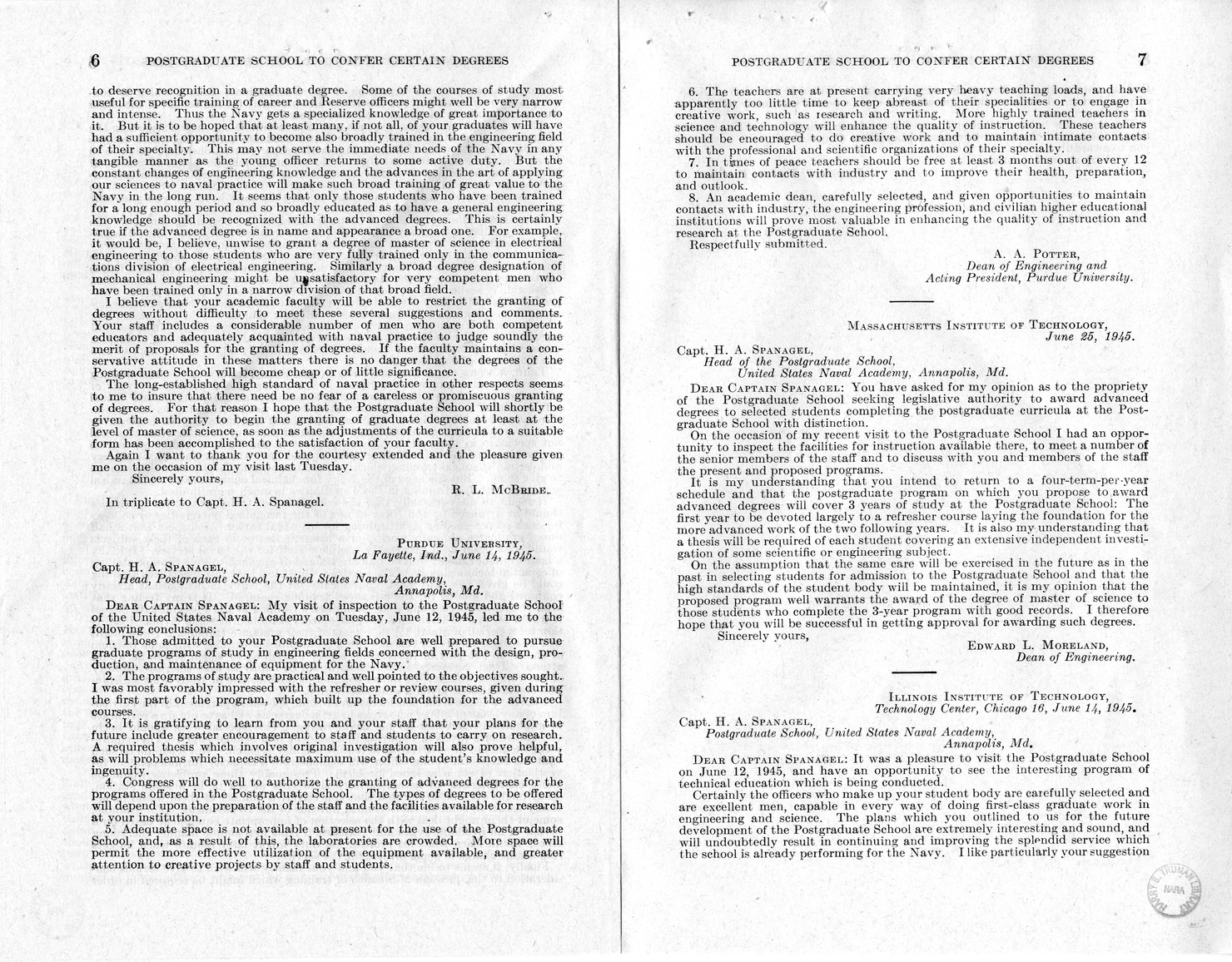 Memorandum from Paul H. Appleby to M. C. Latta, S. 1493, To Authorize the Head of the Postgraduate School of the United States Navy to Confer Masters and Doctors Degrees in Engineering and Related Fields, with Attachments