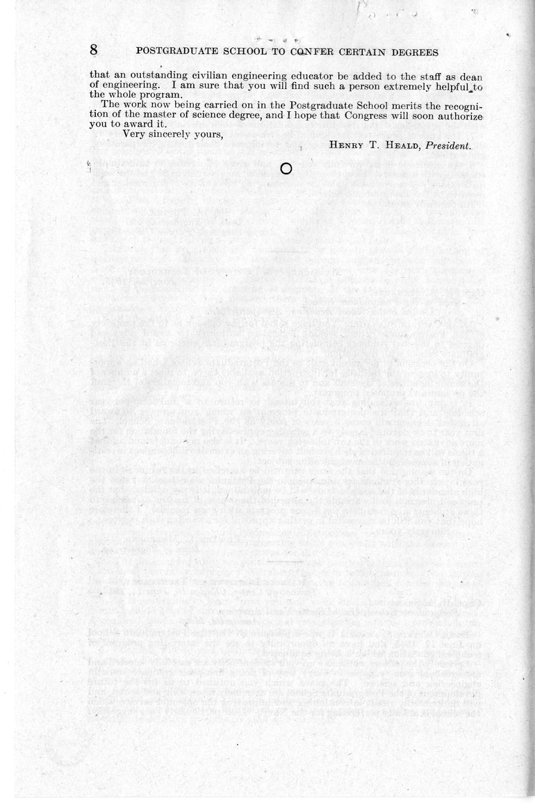 Memorandum from Paul H. Appleby to M. C. Latta, S. 1493, To Authorize the Head of the Postgraduate School of the United States Navy to Confer Masters and Doctors Degrees in Engineering and Related Fields, with Attachments
