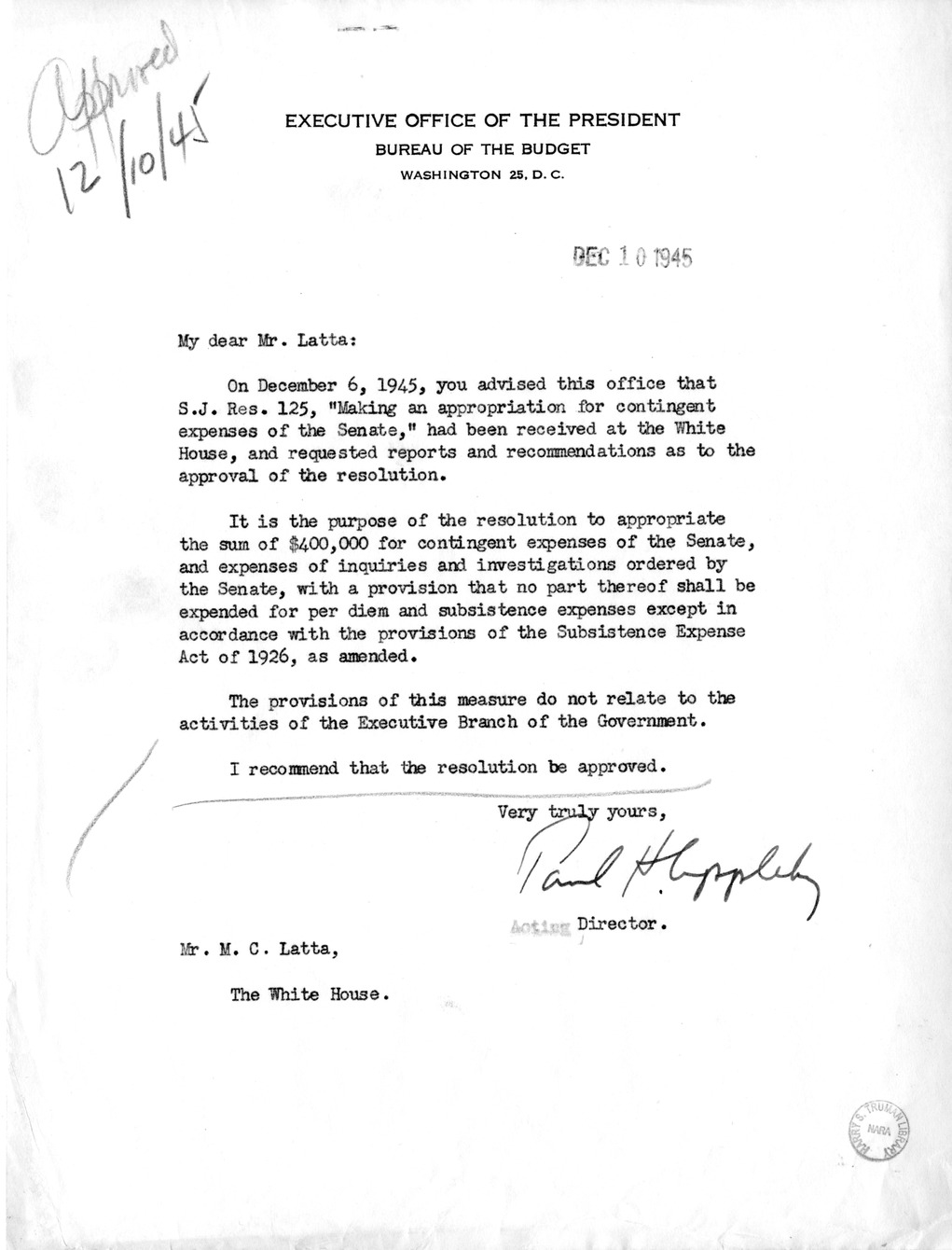 Memorandum from Paul H. Appleby to M. C. Latta, S.J. Res. 125, Making an Appropriation for Contingent Expenses of the Senate