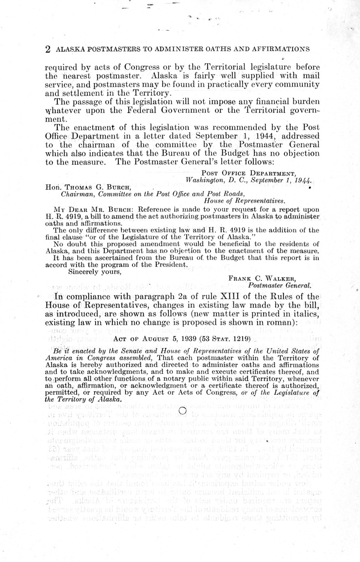 Memorandum from Frederick J. Bailey to M. C. Latta, H.R. 304, To Amend the Act Authorizing Postmasters in Alaska to Administer Oaths and Affirmations, with Attachments
