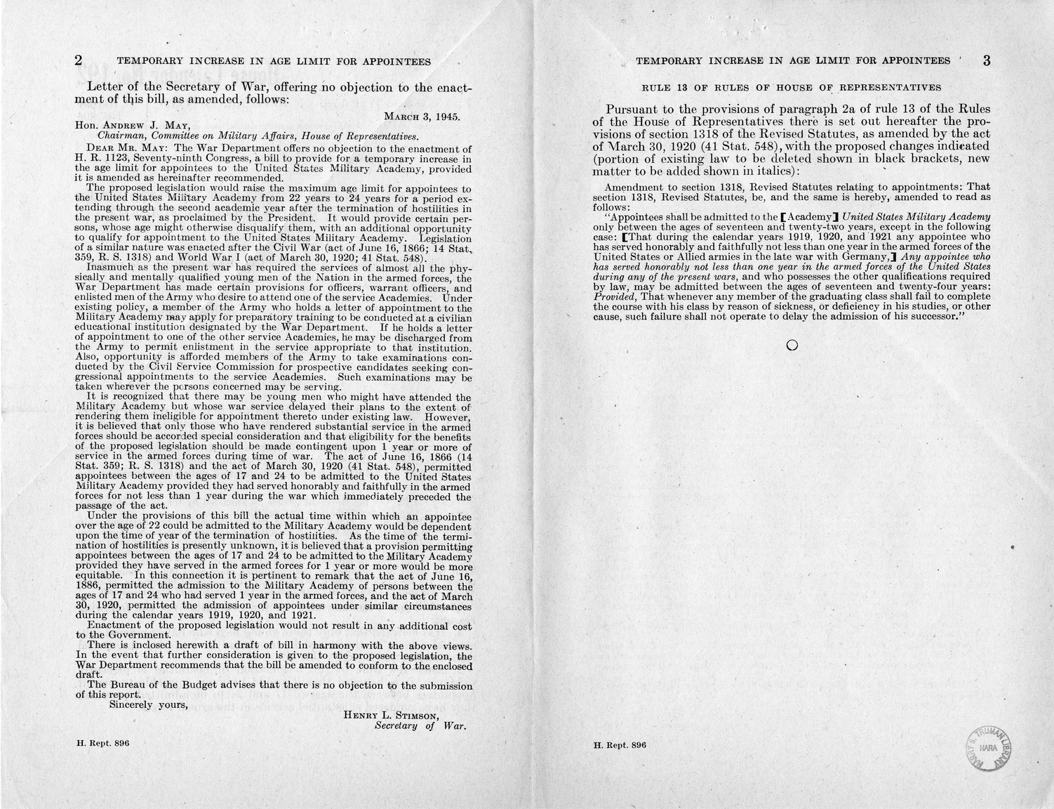 Memorandum from Frederick J. Bailey to M. C. Latta, H.R. 1123, To Provide for a Temporary Increase in the Age Limit for Appointees to the United States Military Academy and the United States Naval Academy, with Attachments