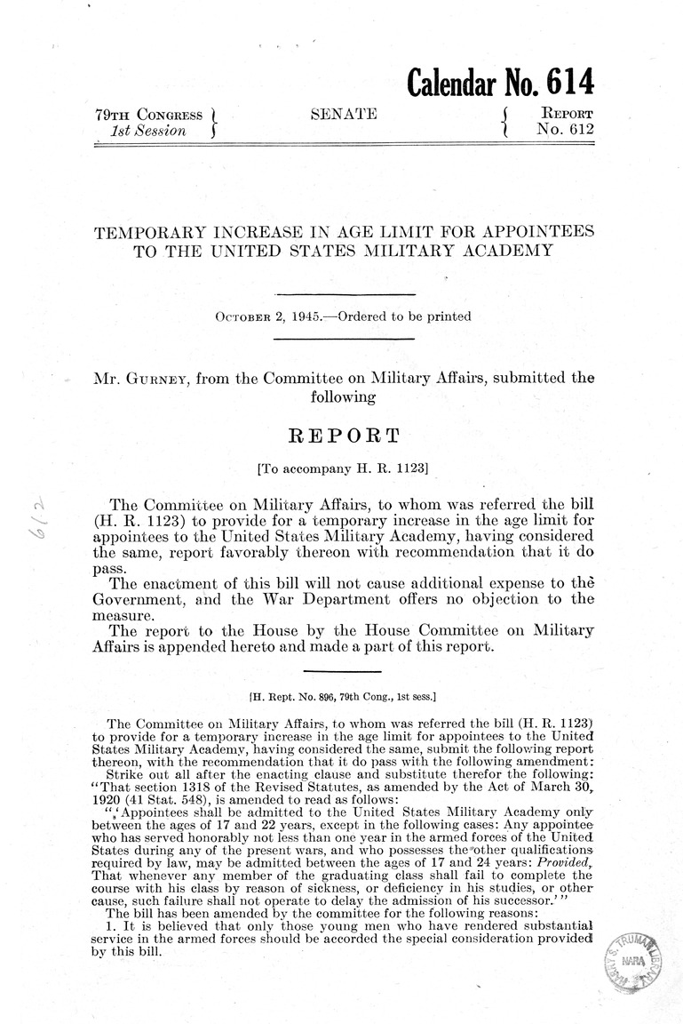 Memorandum from Frederick J. Bailey to M. C. Latta, H.R. 1123, To Provide for a Temporary Increase in the Age Limit for Appointees to the United States Military Academy and the United States Naval Academy, with Attachments