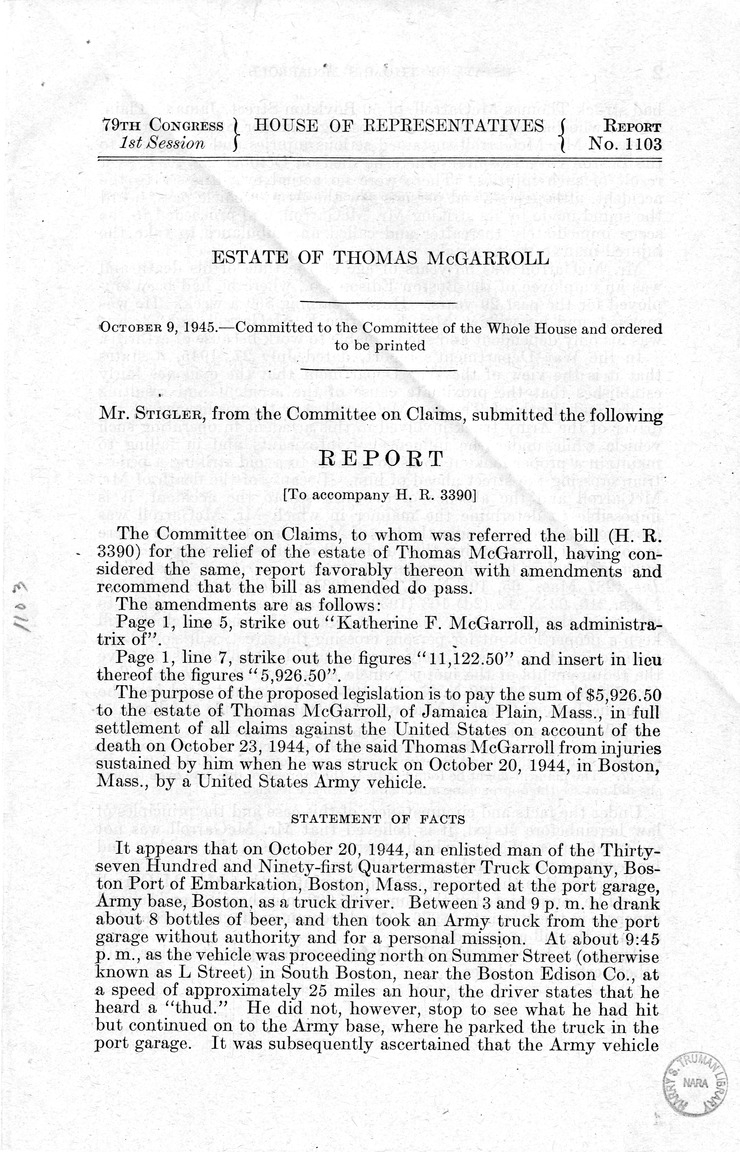 Memorandum from Frederick J. Bailey to M. C. Latta, H.R. 3390, For the Relief of the Estate of Thomas McGarroll, with Attachments