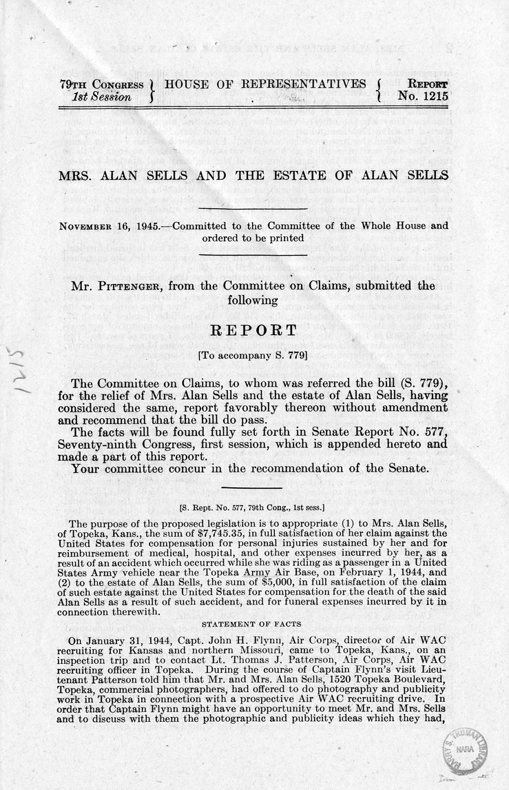 Memorandum from Frederick J. Bailey to M. C. Latta, S. 779, For the Relief of Mrs. Alan Sells and the Estate of Alan Sells, with Attachments