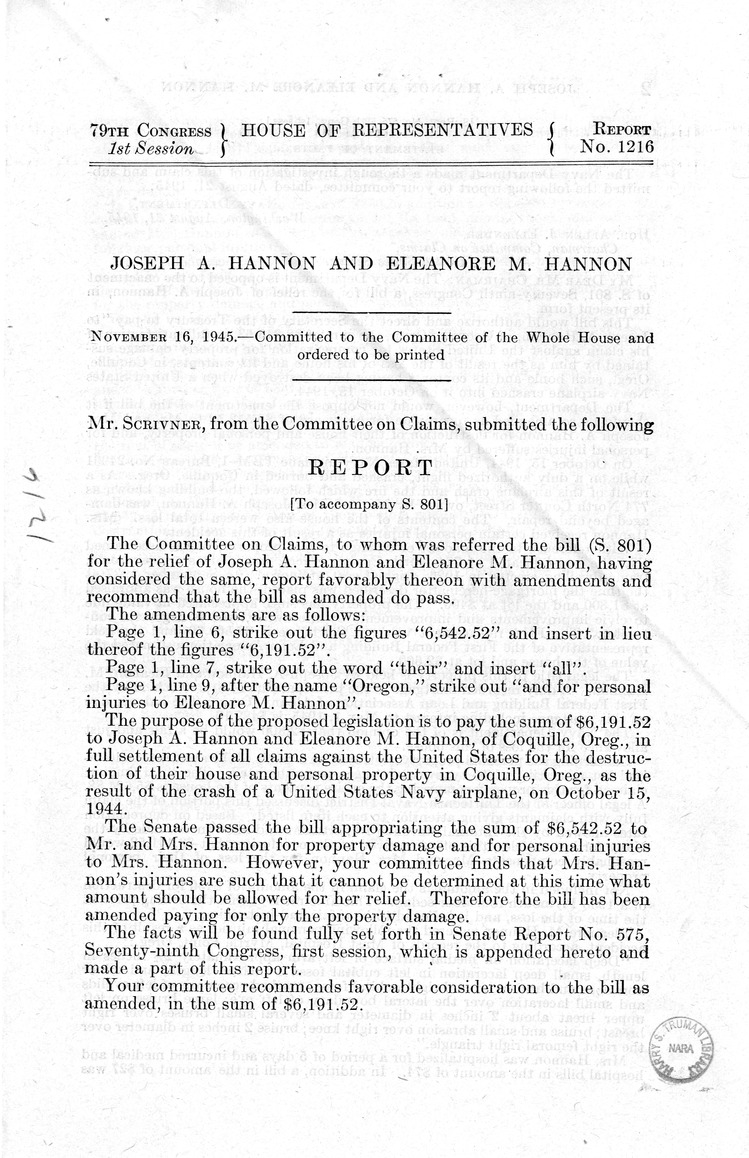 Memorandum from Frederick J. Bailey to M. C. Latta, S. 801, For the Relief of Joseph A. Hannon and Eleanore M. Hannon, with Attachments
