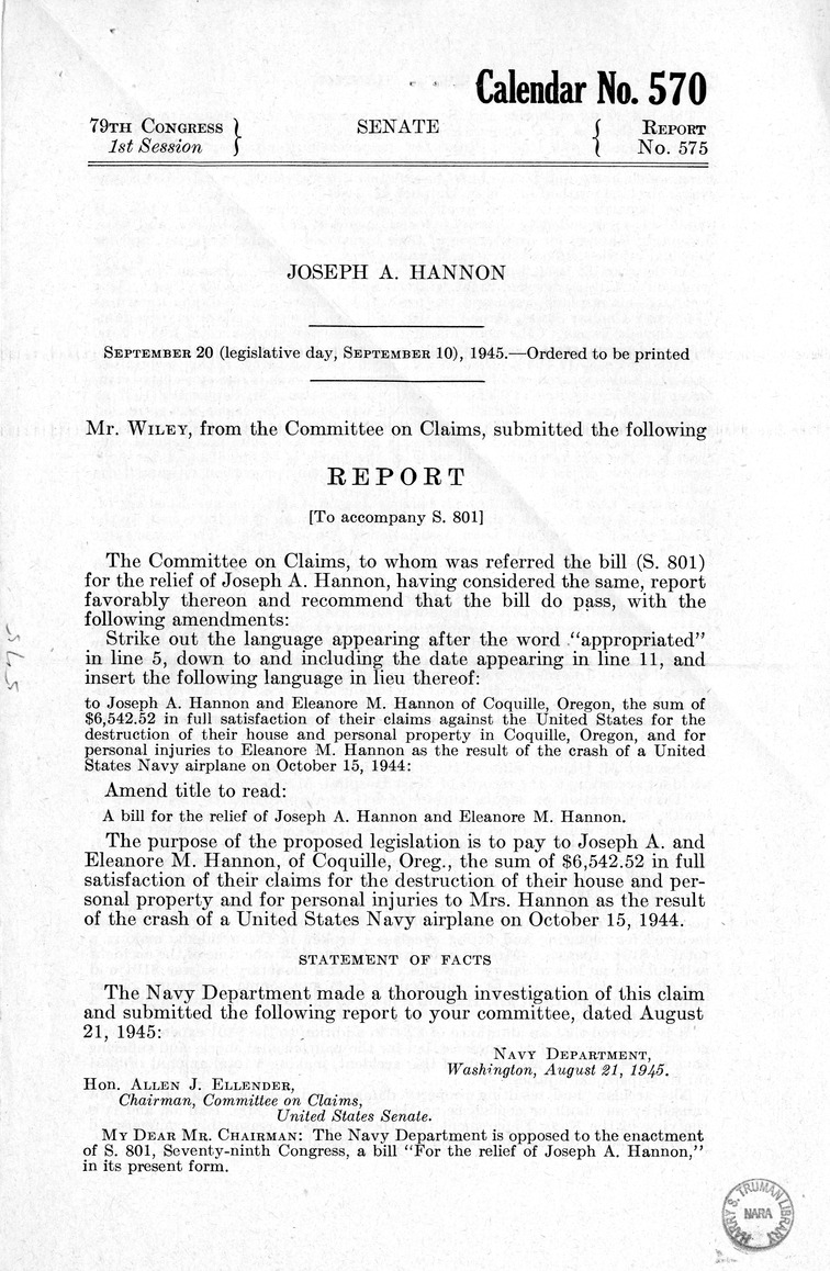 Memorandum from Frederick J. Bailey to M. C. Latta, S. 801, For the Relief of Joseph A. Hannon and Eleanore M. Hannon, with Attachments