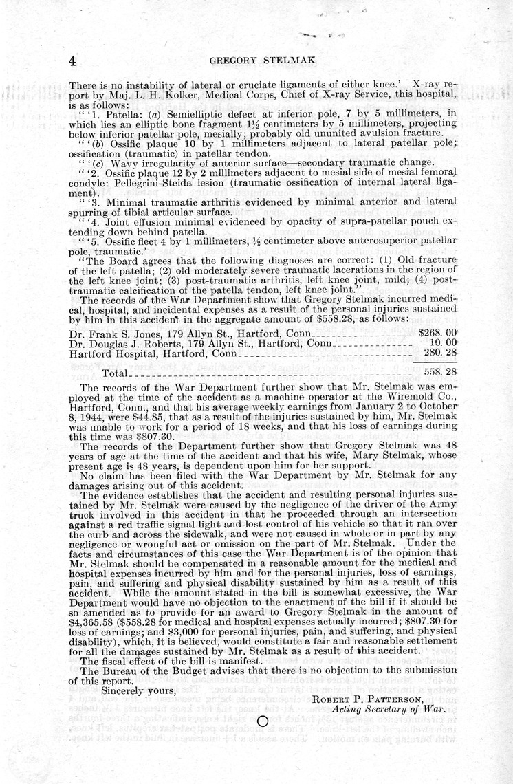 Memorandum from Frederick J. Bailey to M. C. Latta, H.R. 998, For the Relief of Gregory Stelmak, with Attachments