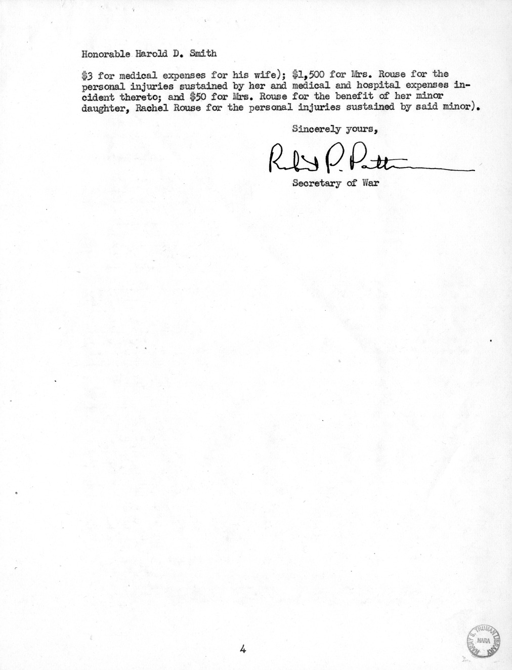 Memorandum from Frederick J. Bailey to M. C. Latta, S. 1017, For the Relief of Charlie B. Rouse and Mrs. Louette Rouse, with Attachments