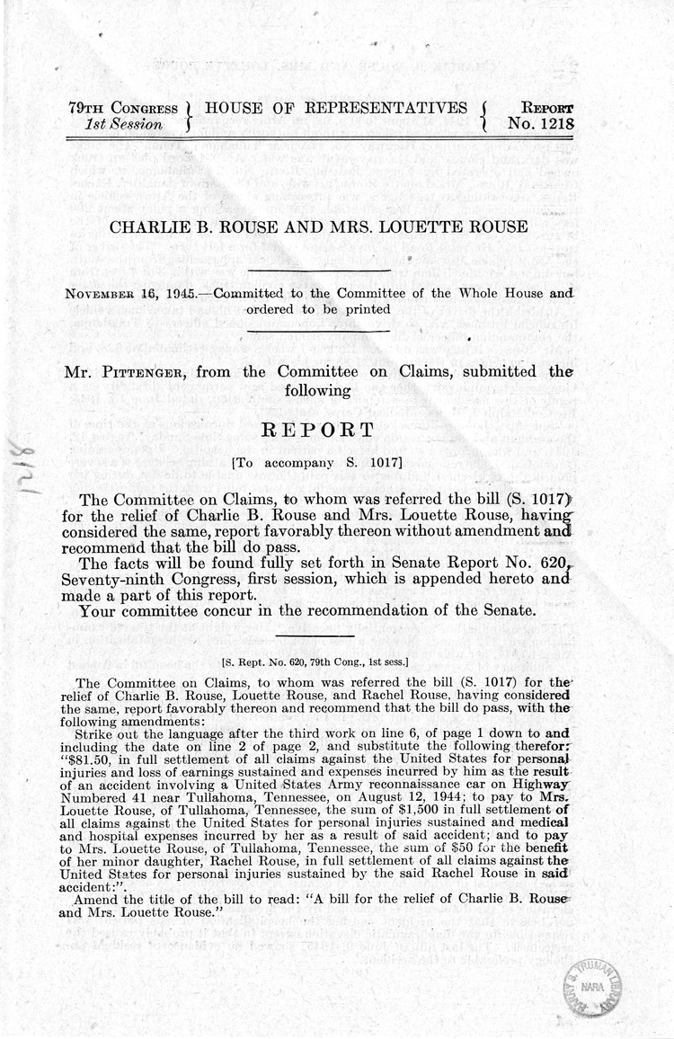 Memorandum from Frederick J. Bailey to M. C. Latta, S. 1017, For the Relief of Charlie B. Rouse and Mrs. Louette Rouse, with Attachments