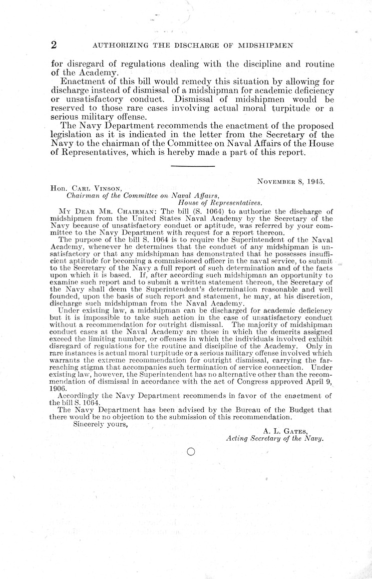 Memorandum from Frederick J. Bailey to M. C. Latta, S. 1064, To Authorize the Discharge of Midshipmen from the United States Naval Academy by the Secretary of the Navy Because of Unsatisfactory Conduct or Aptitude, with Attachments