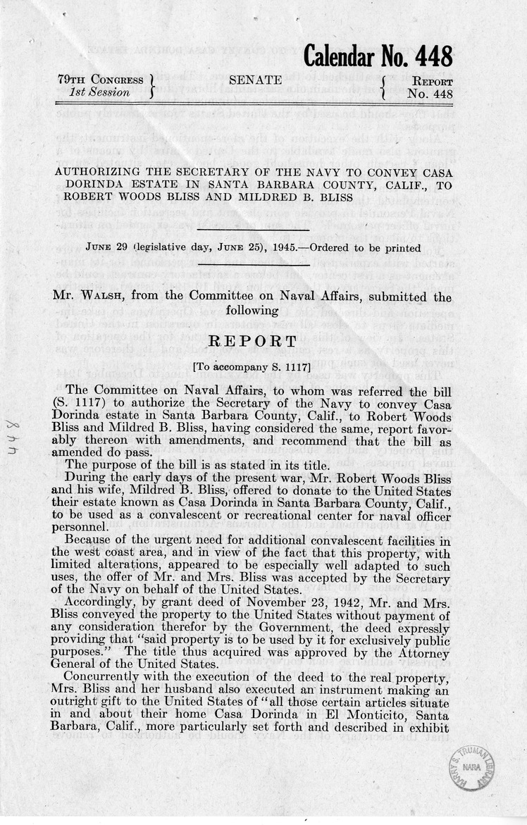 Memorandum from Frederick J. Bailey to M. C. Latta, S. 1117, To Authorize the Secretary of the Navy to Convey Casa Dorinda Estate in Santa Barbara County, California, to Robert Woods Bliss and Mildred B. Bliss, with Attachments