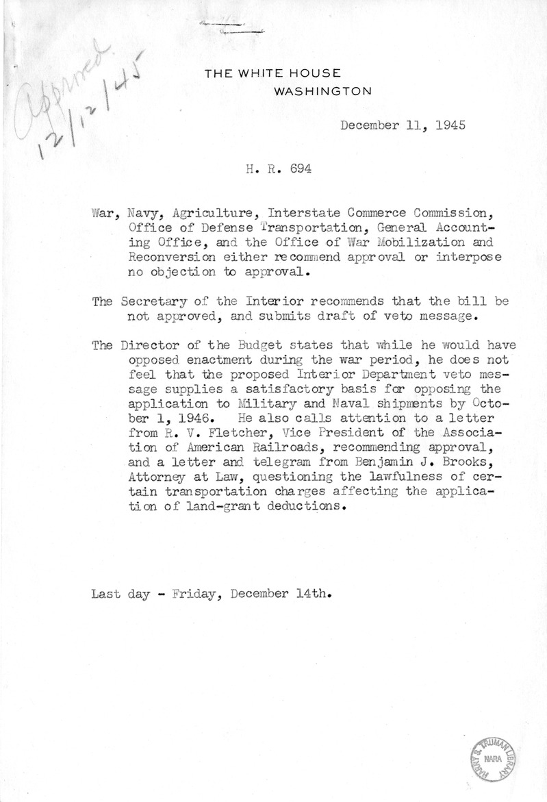 Memorandum from Harold D. Smith to M. C. Latta, H.R. 694, To Amend Section 321, Title III, Part II, Transportation Act of 1940, with Respect to the Movement of Government Traffic, with Attachments