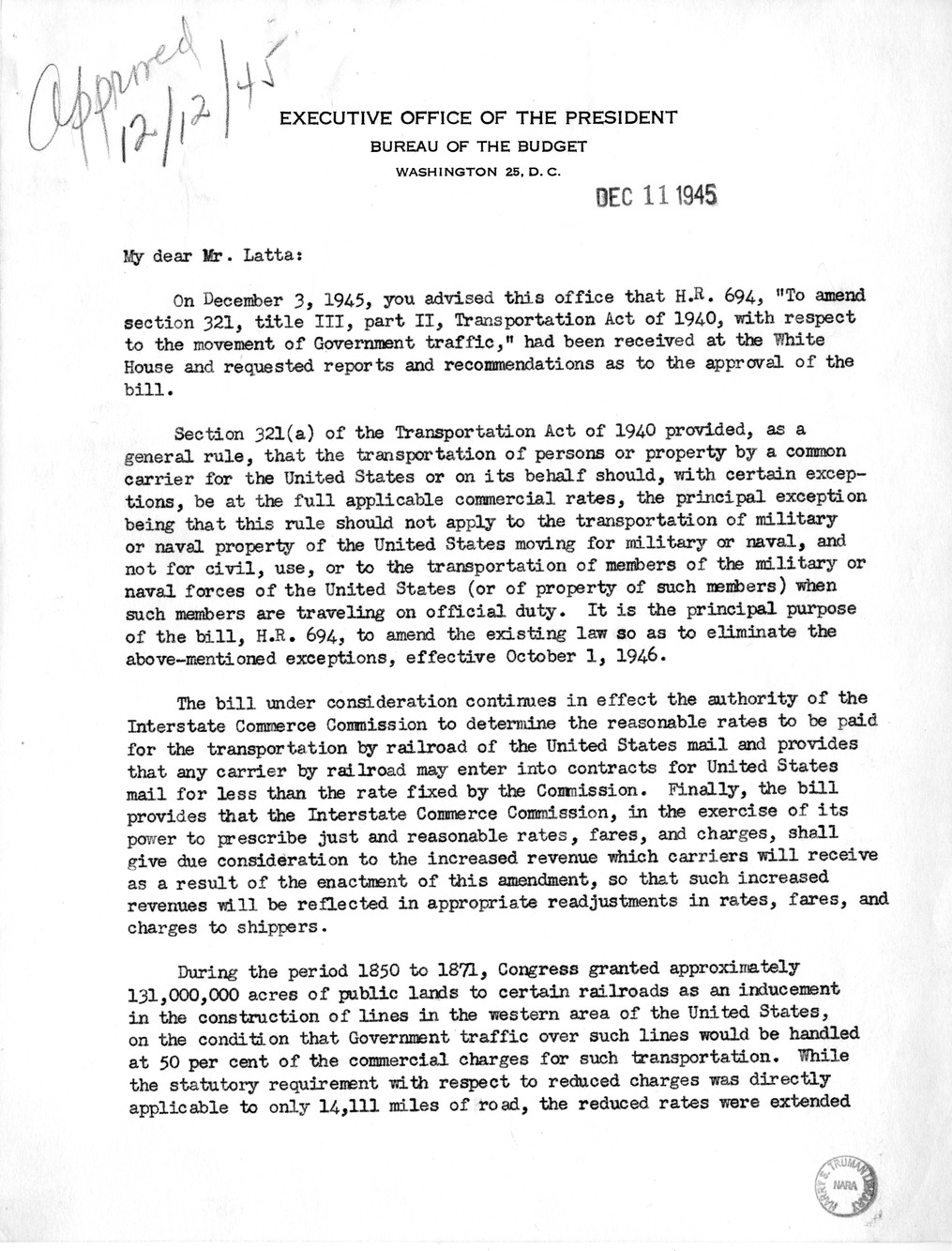 Memorandum from Harold D. Smith to M. C. Latta, H.R. 694, To Amend Section 321, Title III, Part II, Transportation Act of 1940, with Respect to the Movement of Government Traffic, with Attachments