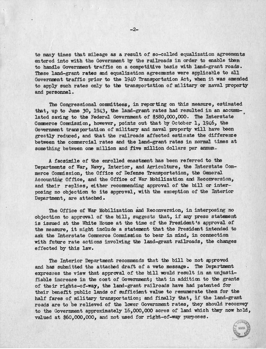 Memorandum from Harold D. Smith to M. C. Latta, H.R. 694, To Amend Section 321, Title III, Part II, Transportation Act of 1940, with Respect to the Movement of Government Traffic, with Attachments