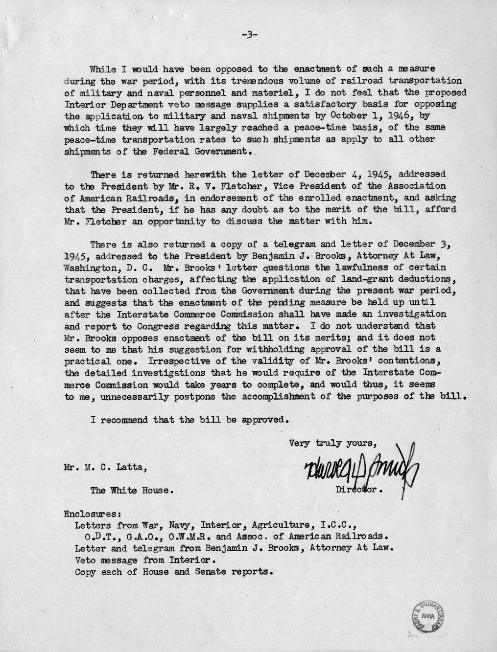 Memorandum from Harold D. Smith to M. C. Latta, H.R. 694, To Amend Section 321, Title III, Part II, Transportation Act of 1940, with Respect to the Movement of Government Traffic, with Attachments