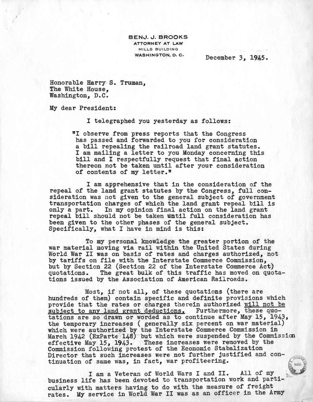 Memorandum from Harold D. Smith to M. C. Latta, H.R. 694, To Amend Section 321, Title III, Part II, Transportation Act of 1940, with Respect to the Movement of Government Traffic, with Attachments