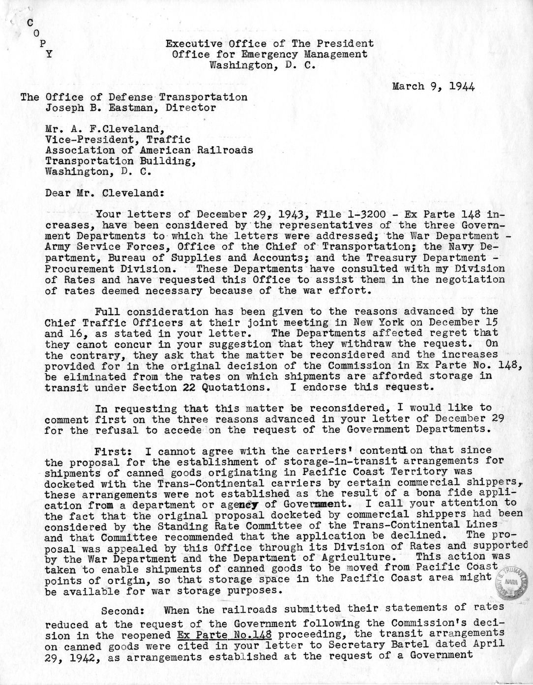 Memorandum from Harold D. Smith to M. C. Latta, H.R. 694, To Amend Section 321, Title III, Part II, Transportation Act of 1940, with Respect to the Movement of Government Traffic, with Attachments