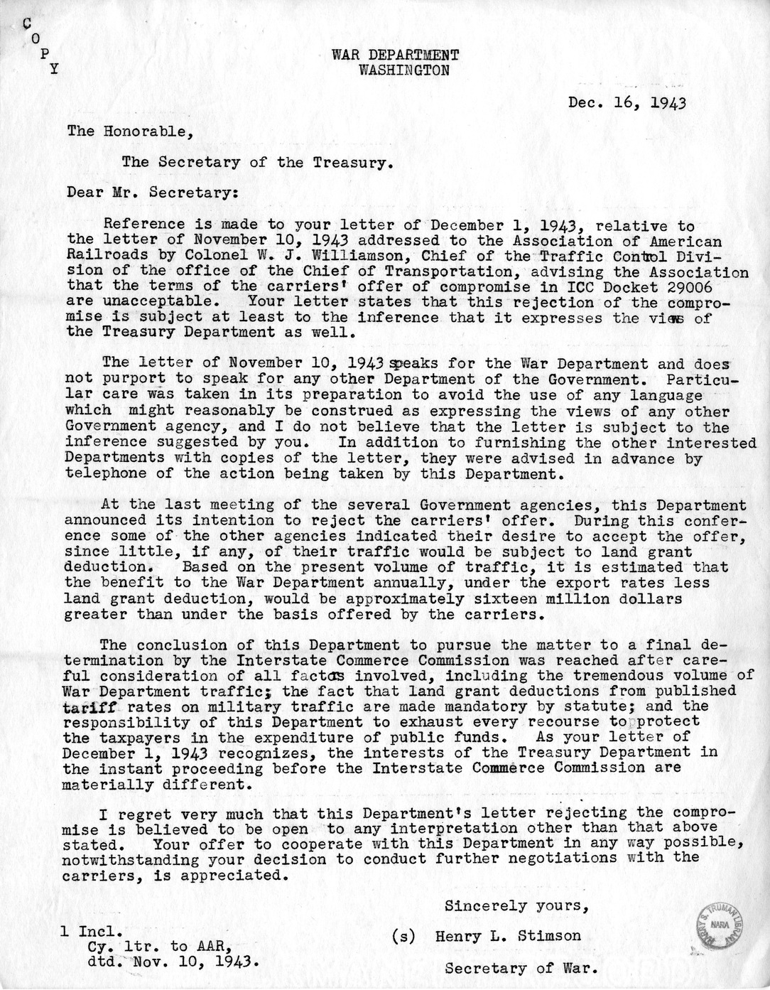 Memorandum from Harold D. Smith to M. C. Latta, H.R. 694, To Amend Section 321, Title III, Part II, Transportation Act of 1940, with Respect to the Movement of Government Traffic, with Attachments