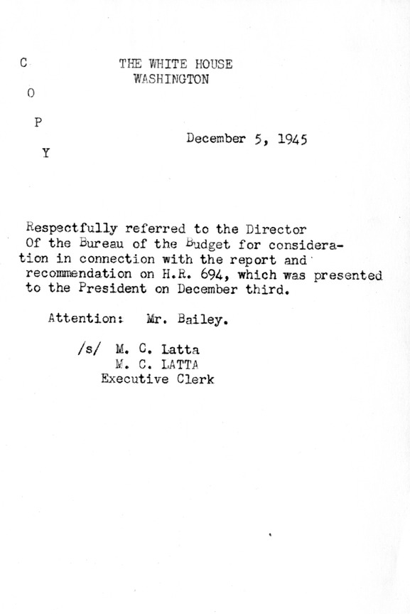 Memorandum from Harold D. Smith to M. C. Latta, H.R. 694, To Amend Section 321, Title III, Part II, Transportation Act of 1940, with Respect to the Movement of Government Traffic, with Attachments