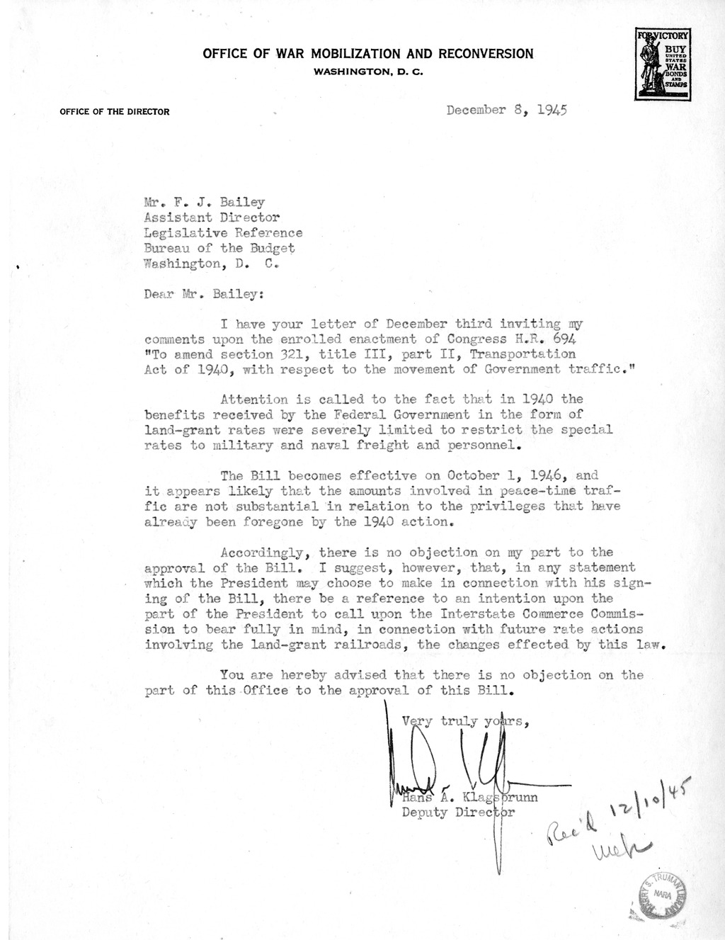 Memorandum from Harold D. Smith to M. C. Latta, H.R. 694, To Amend Section 321, Title III, Part II, Transportation Act of 1940, with Respect to the Movement of Government Traffic, with Attachments