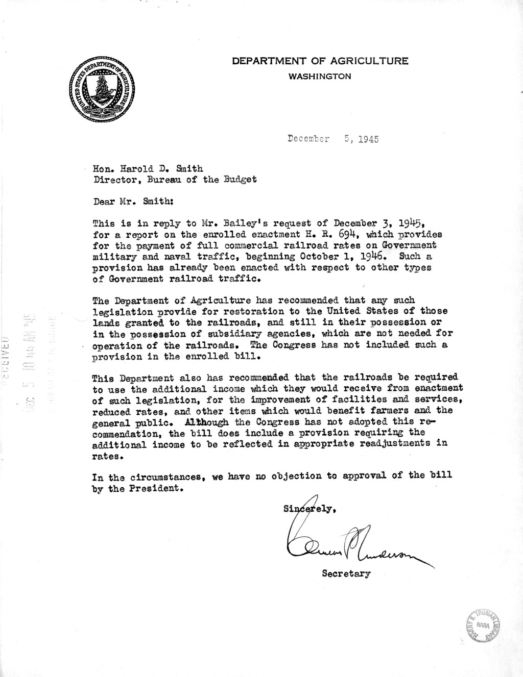 Memorandum from Harold D. Smith to M. C. Latta, H.R. 694, To Amend Section 321, Title III, Part II, Transportation Act of 1940, with Respect to the Movement of Government Traffic, with Attachments