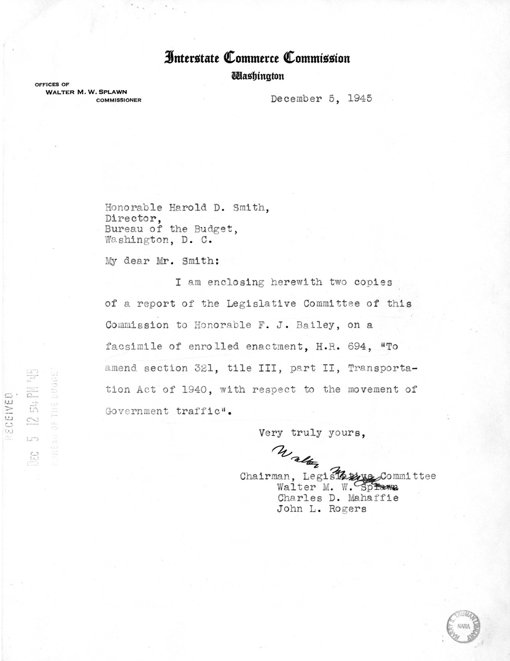 Memorandum from Harold D. Smith to M. C. Latta, H.R. 694, To Amend Section 321, Title III, Part II, Transportation Act of 1940, with Respect to the Movement of Government Traffic, with Attachments