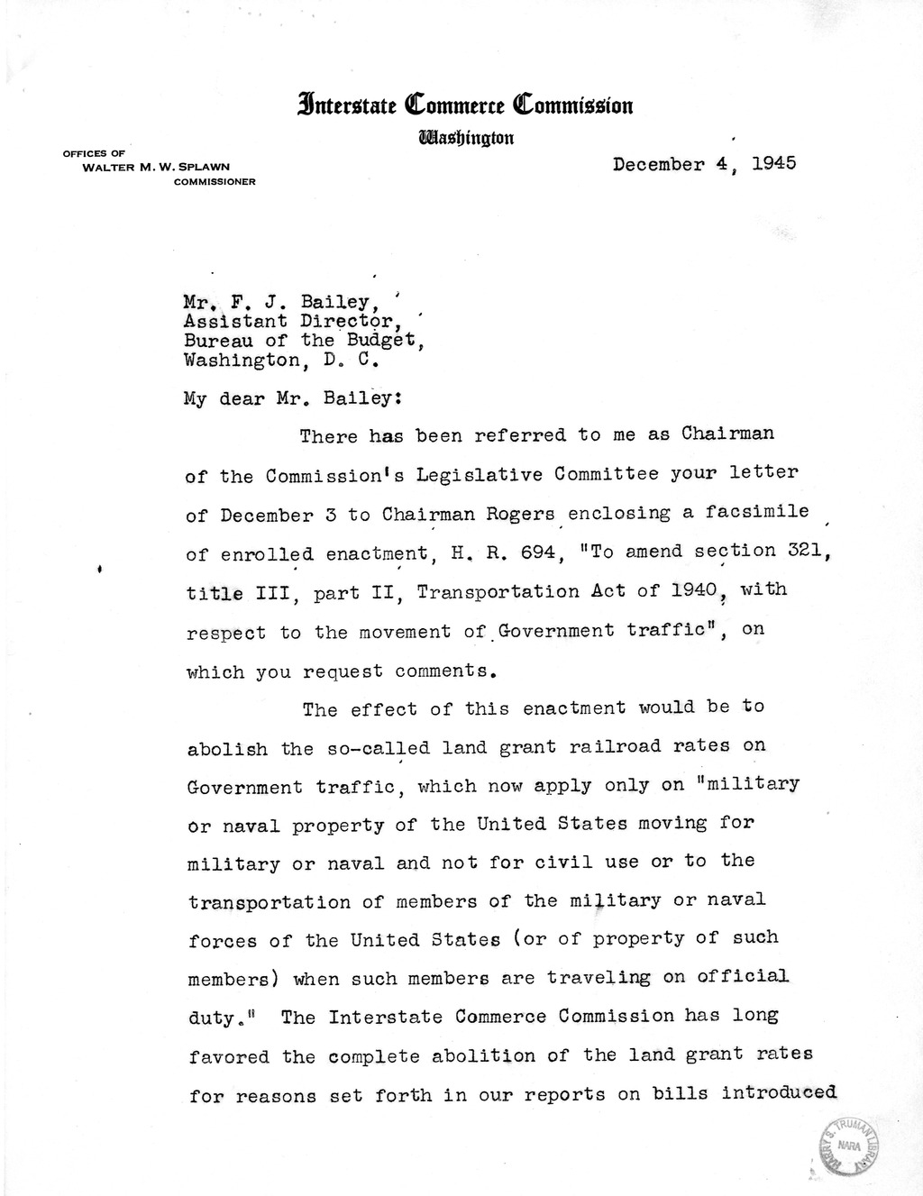 Memorandum from Harold D. Smith to M. C. Latta, H.R. 694, To Amend Section 321, Title III, Part II, Transportation Act of 1940, with Respect to the Movement of Government Traffic, with Attachments