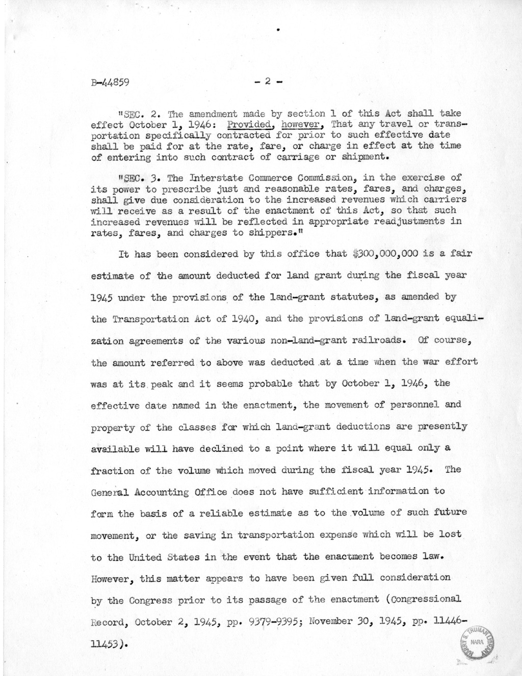 Memorandum from Harold D. Smith to M. C. Latta, H.R. 694, To Amend Section 321, Title III, Part II, Transportation Act of 1940, with Respect to the Movement of Government Traffic, with Attachments