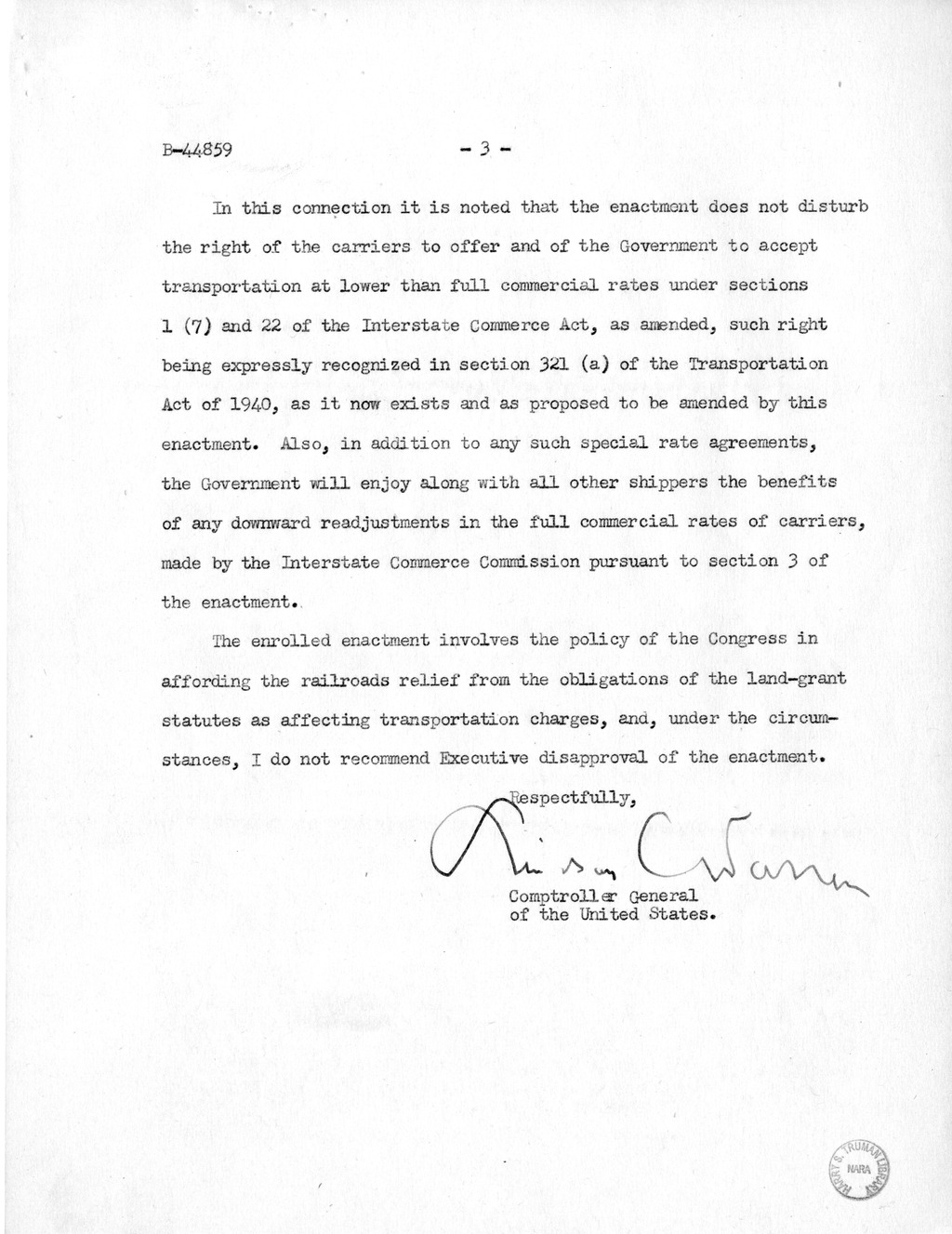 Memorandum from Harold D. Smith to M. C. Latta, H.R. 694, To Amend Section 321, Title III, Part II, Transportation Act of 1940, with Respect to the Movement of Government Traffic, with Attachments