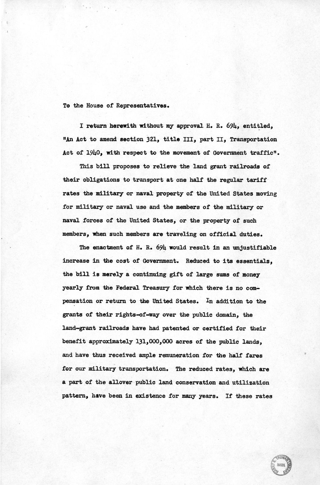 Memorandum from Harold D. Smith to M. C. Latta, H.R. 694, To Amend Section 321, Title III, Part II, Transportation Act of 1940, with Respect to the Movement of Government Traffic, with Attachments