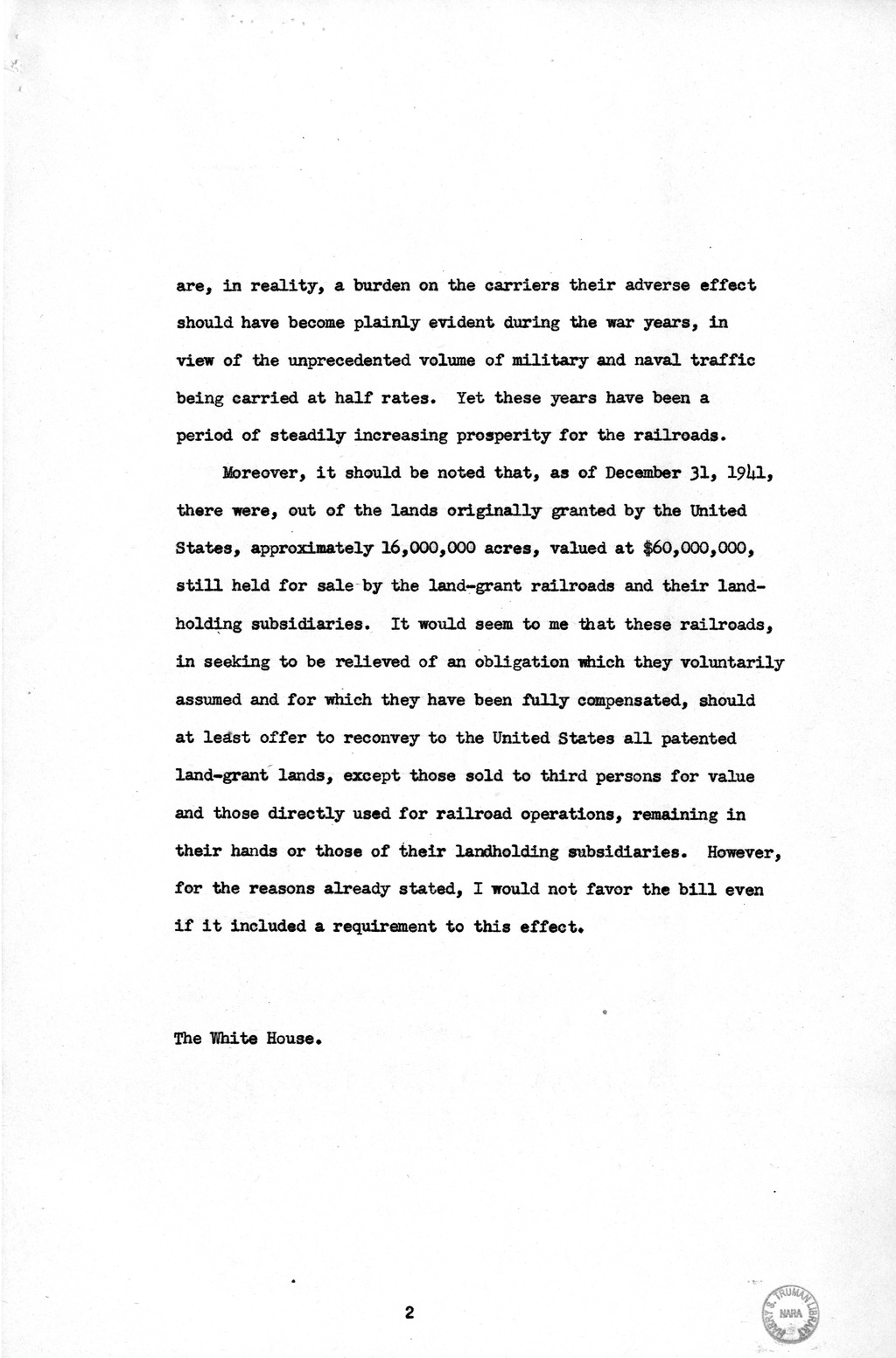 Memorandum from Harold D. Smith to M. C. Latta, H.R. 694, To Amend Section 321, Title III, Part II, Transportation Act of 1940, with Respect to the Movement of Government Traffic, with Attachments