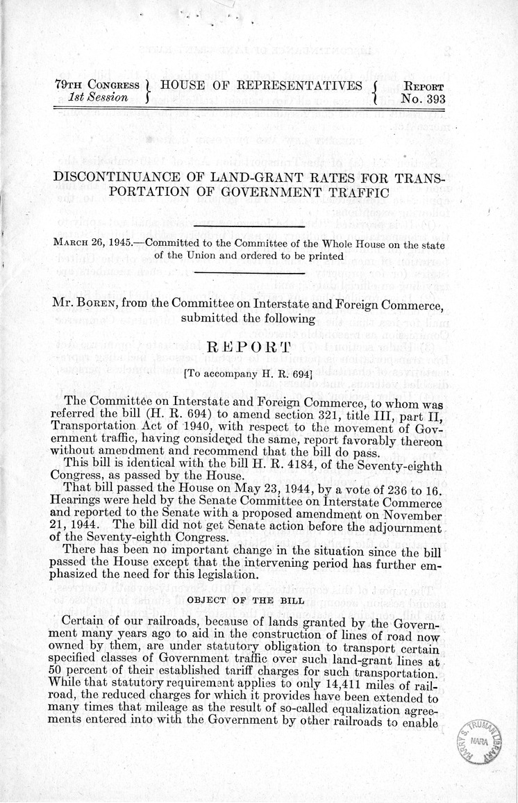 Memorandum from Harold D. Smith to M. C. Latta, H.R. 694, To Amend Section 321, Title III, Part II, Transportation Act of 1940, with Respect to the Movement of Government Traffic, with Attachments