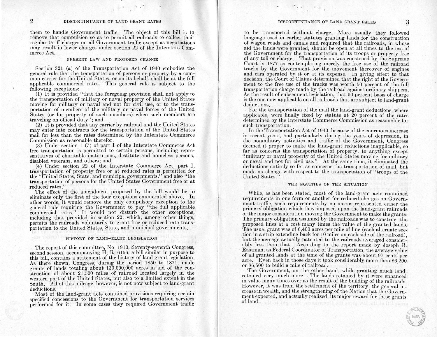 Memorandum from Harold D. Smith to M. C. Latta, H.R. 694, To Amend Section 321, Title III, Part II, Transportation Act of 1940, with Respect to the Movement of Government Traffic, with Attachments