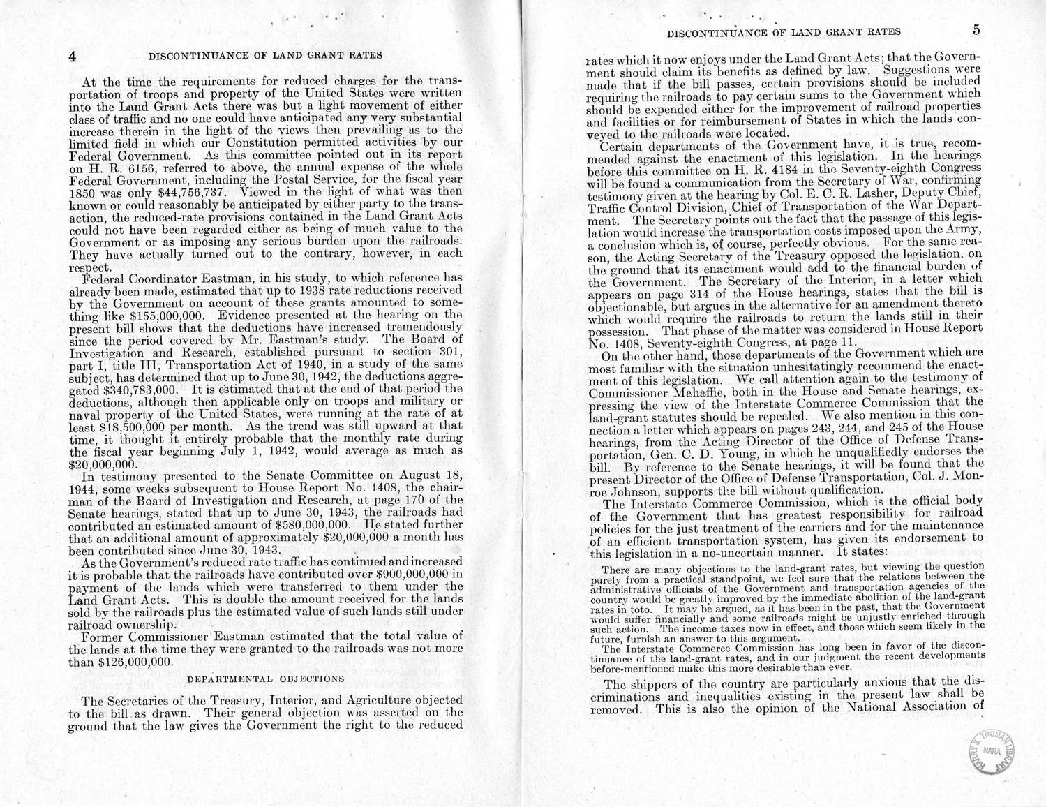 Memorandum from Harold D. Smith to M. C. Latta, H.R. 694, To Amend Section 321, Title III, Part II, Transportation Act of 1940, with Respect to the Movement of Government Traffic, with Attachments