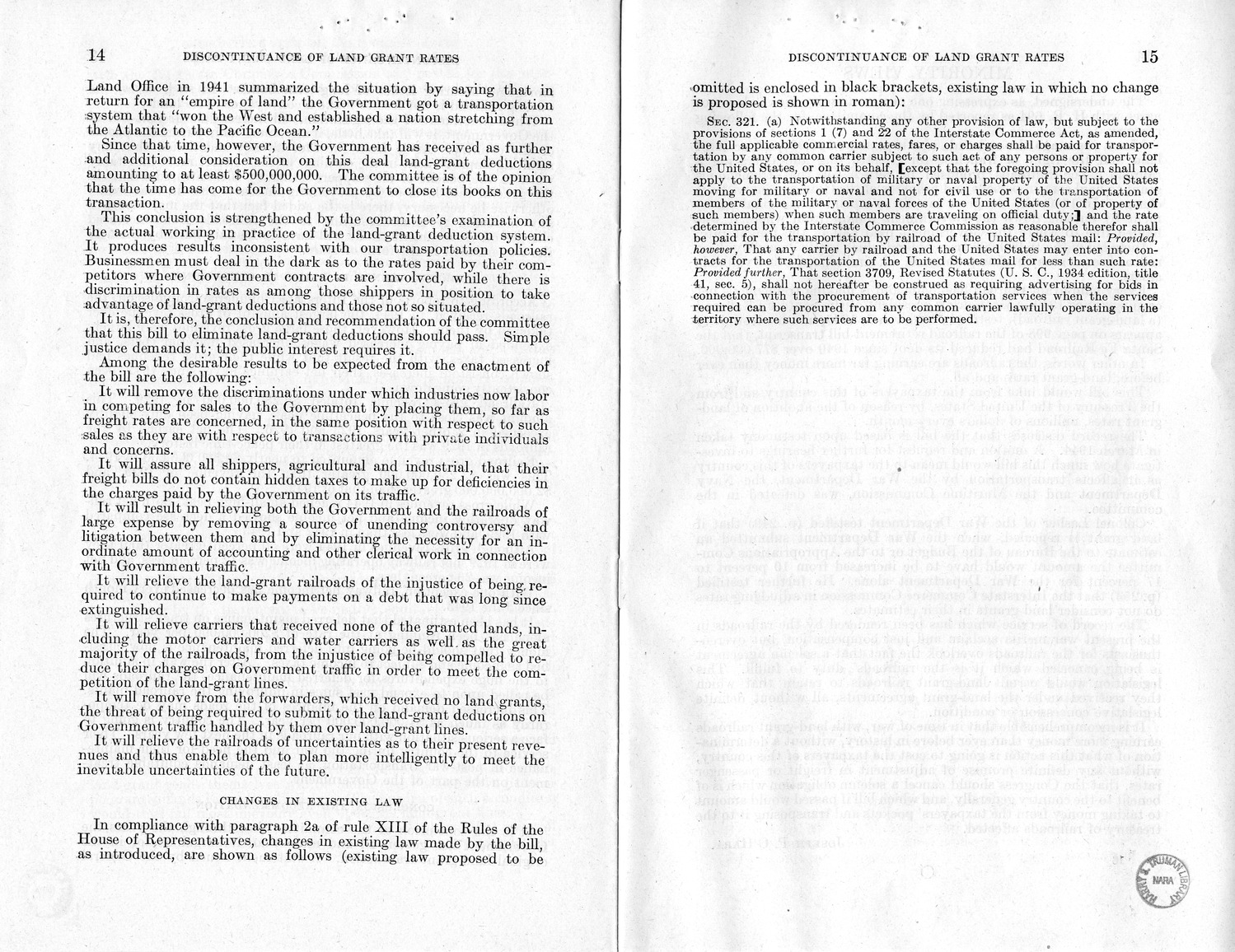 Memorandum from Harold D. Smith to M. C. Latta, H.R. 694, To Amend Section 321, Title III, Part II, Transportation Act of 1940, with Respect to the Movement of Government Traffic, with Attachments