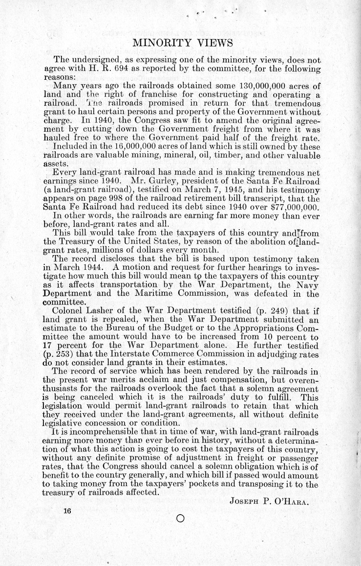 Memorandum from Harold D. Smith to M. C. Latta, H.R. 694, To Amend Section 321, Title III, Part II, Transportation Act of 1940, with Respect to the Movement of Government Traffic, with Attachments