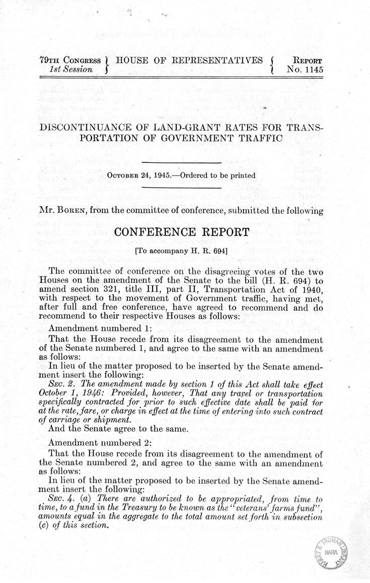 Memorandum from Harold D. Smith to M. C. Latta, H.R. 694, To Amend Section 321, Title III, Part II, Transportation Act of 1940, with Respect to the Movement of Government Traffic, with Attachments