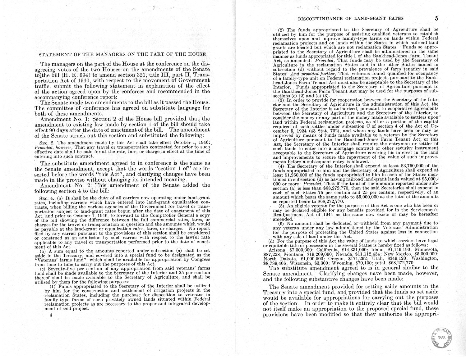 Memorandum from Harold D. Smith to M. C. Latta, H.R. 694, To Amend Section 321, Title III, Part II, Transportation Act of 1940, with Respect to the Movement of Government Traffic, with Attachments