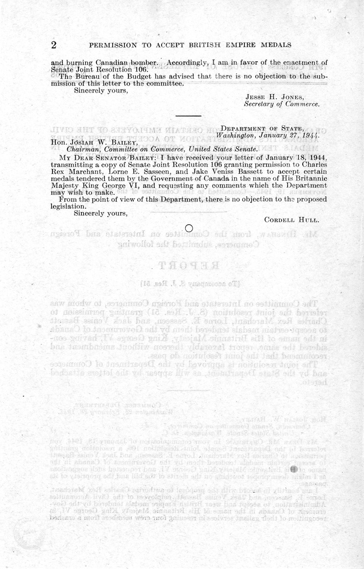 Memorandum from Frederick J. Bailey to M. C. Latta, S.J. Res. 51, Granting Permission to Charles Rex Marchant, Lorne E. Sasseen, and Jack Vaniss Sassett to Accept Certain Medals Tendered Them by the Government of Canada in the Name of His Britannic Majesty, King George VI, with Attachments