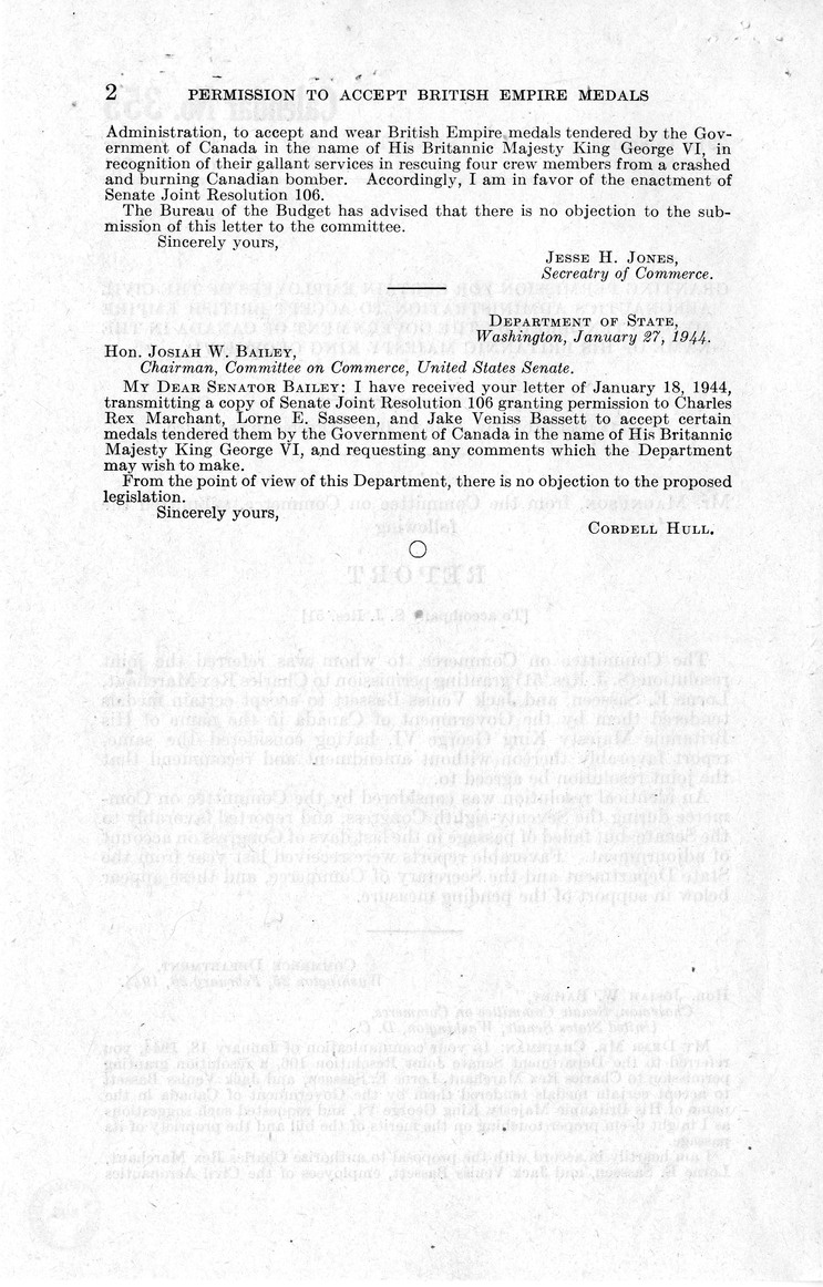 Memorandum from Frederick J. Bailey to M. C. Latta, S.J. Res. 51, Granting Permission to Charles Rex Marchant, Lorne E. Sasseen, and Jack Vaniss Sassett to Accept Certain Medals Tendered Them by the Government of Canada in the Name of His Britannic Majesty, King George VI, with Attachments