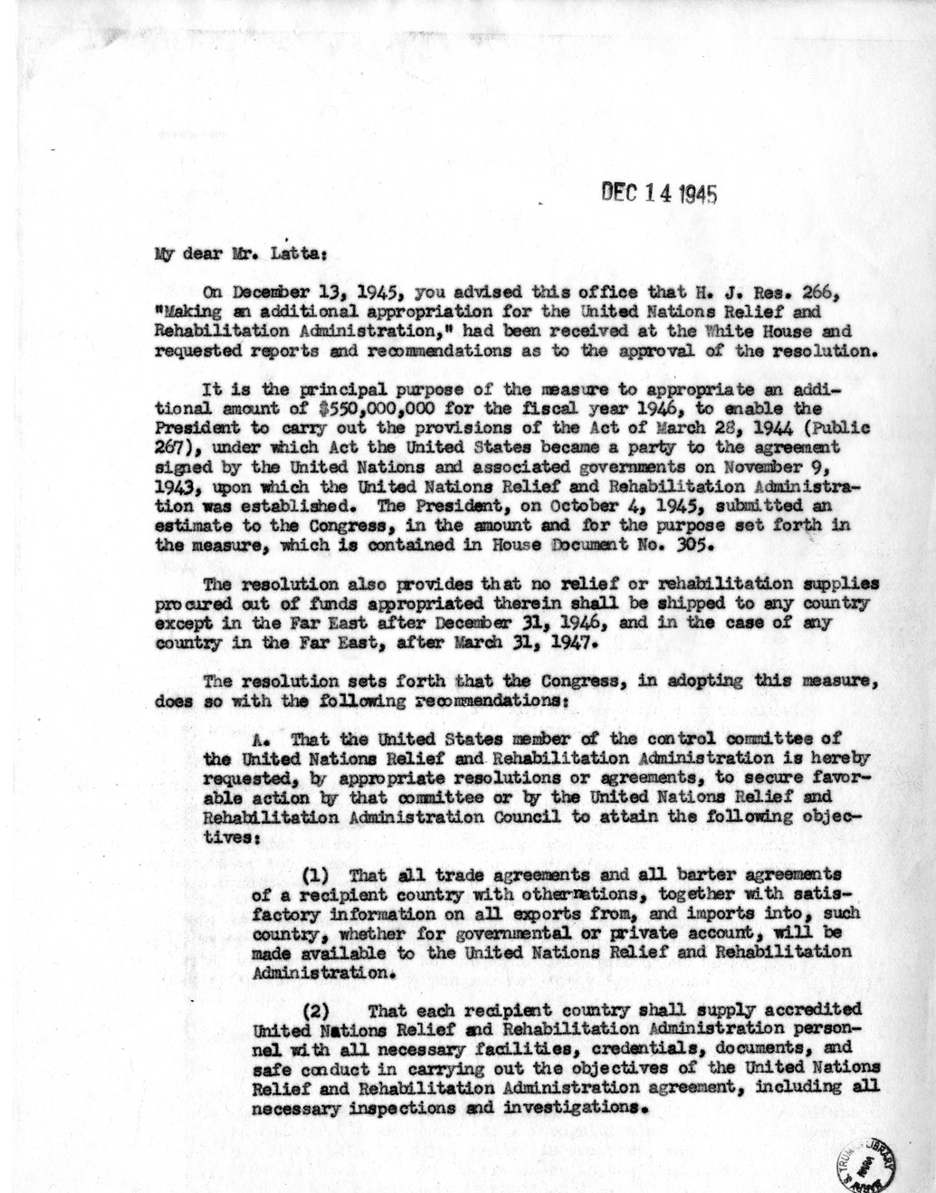 Memorandum from Harold D. Smith to M. C. Latta, H.J. Res. 266, Making an Additional Appropriation for the United Nations Relief and Rehabilitation Administration, with Attachments