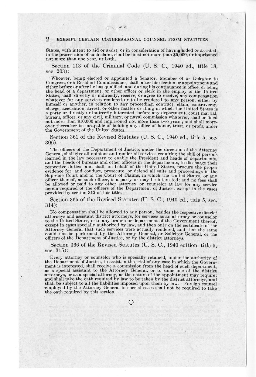 Memorandum from Harold D. Smith to M. C. Latta, S.J. Res. 110, To Limit the Operation of Sections 109 and 113 of the Criminal Code, and Sections 361, 365 and 366 of the Revised Statutes and Certain Other Provisions of Law, with Attachments