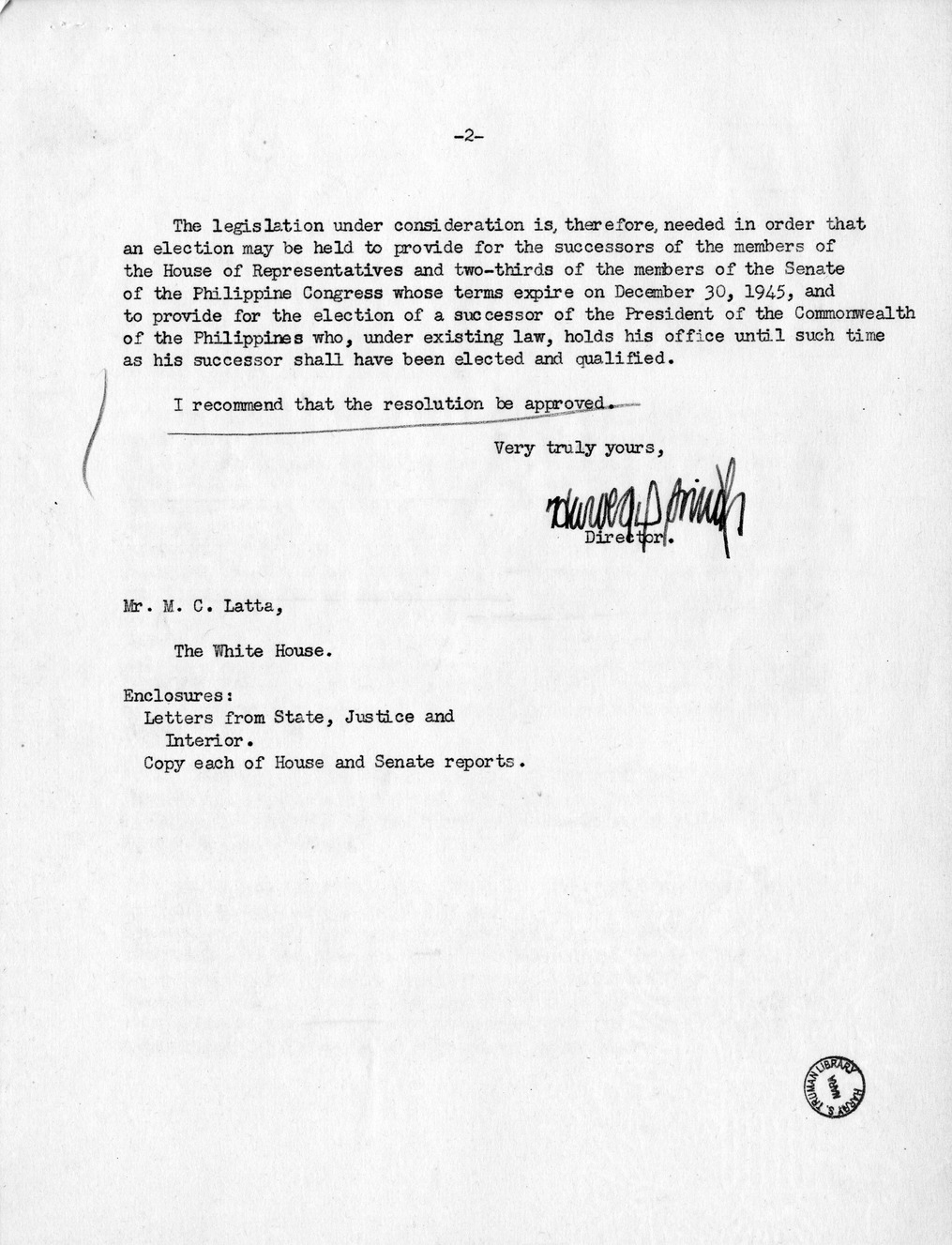 Memorandum from Harold D. Smith to M. C. Latta, S.J. Res. 119, To Provide for National Elections in the Philippine Islands, with Attachments