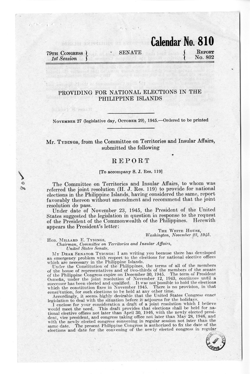 Memorandum from Harold D. Smith to M. C. Latta, S.J. Res. 119, To Provide for National Elections in the Philippine Islands, with Attachments