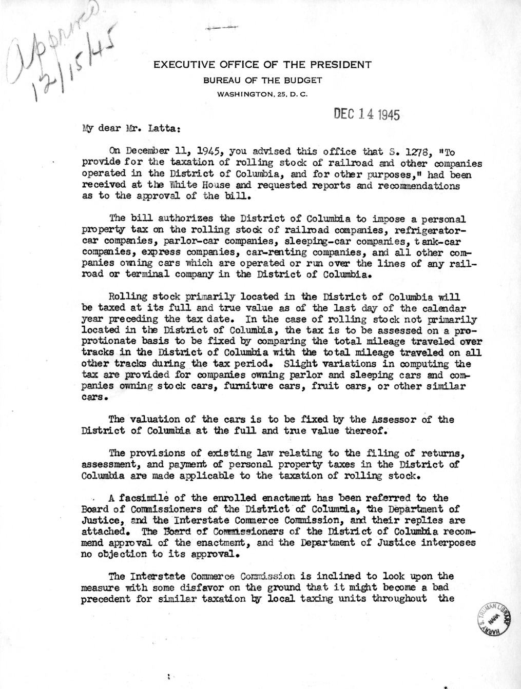 Memorandum from Harold D. Smith to M. C. Latta, S. 1278, To Provide for the Taxation of Rolling Stock of Railroad and Other Companies Operated in the District of Columbia, with Attachments